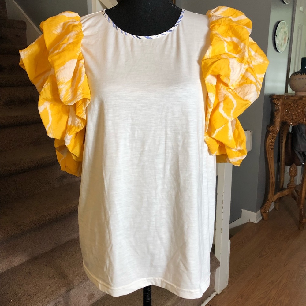 White Top Yellow and White Puffy Ruffle Sleeves Boutique - Picture 2 of 6